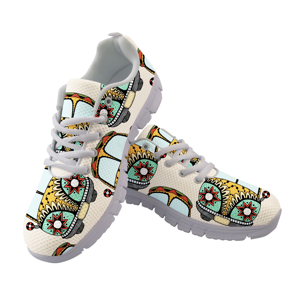 Pattern Of Vintage Car With Flowers Of Hippie Movement Running Shoes Sport Sneakers