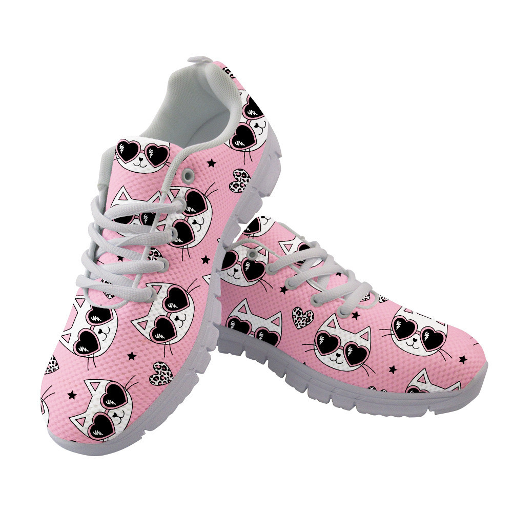 Pink Leopard Skin Heart With And Stars Cat Face Cartoon Running Shoes Sport Sneakers