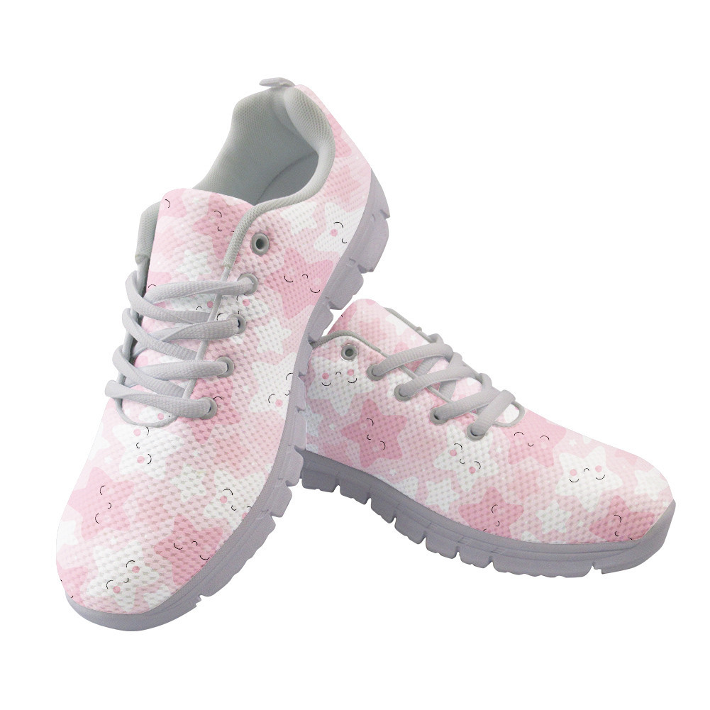 Pastel Pink And White Star Smiling Faces Pattern Running Shoes Sport Sneakers