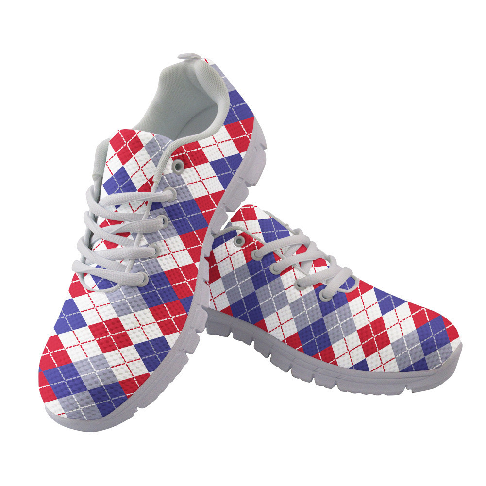 Patriotic Red White And Blue Argyle Pattern Running Shoes Sport Sneakers